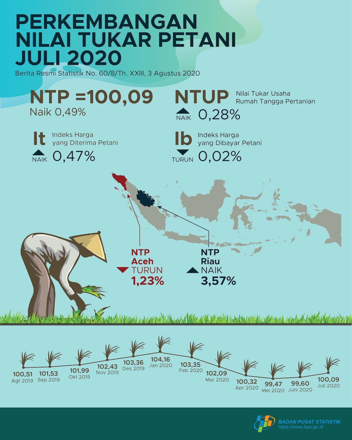 Nilai Tukar Petani (NTP) Juli 2020 sebesar 100,09 atau naik 0,49 persen