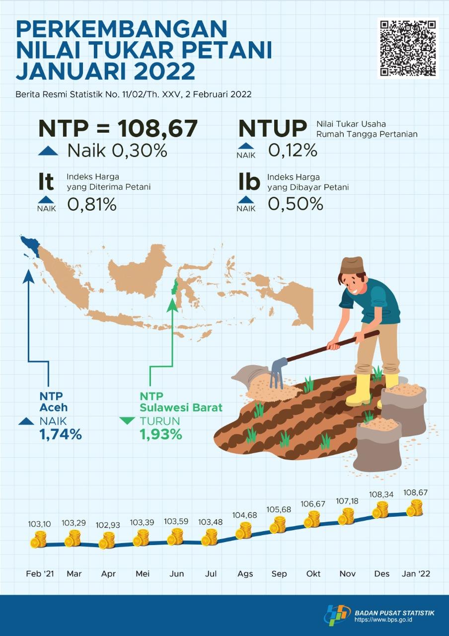 Nilai Tukar Petani (NTP) Januari 2022 sebesar 108,67 atau naik 0,30 persen