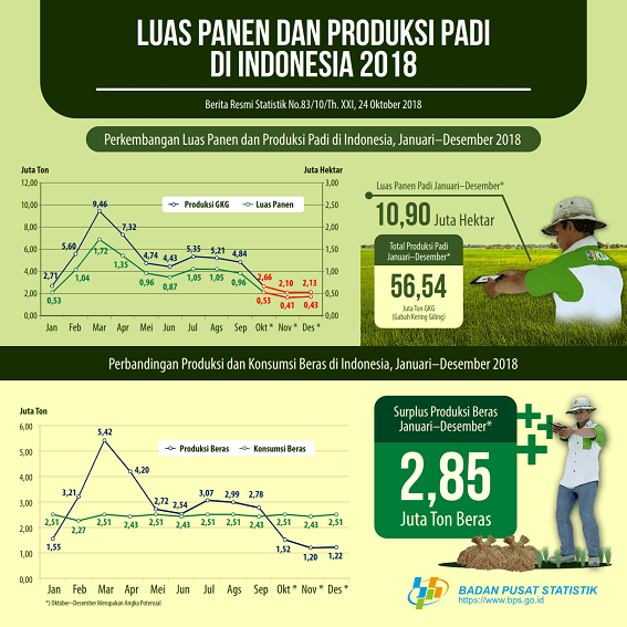 Dengan memperhitungkan potensi sampai Desember, maka Luas panen padi di Indonesia periode Januari–Desember 2018 sebesar 10,90 juta hektar dan produksi padi sebesar 56,54 juta ton GKG